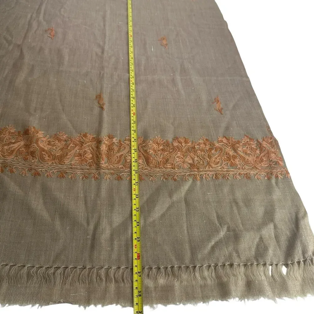 kashmir beige silk embroidered shawl wrap Damage 26 X 76 In